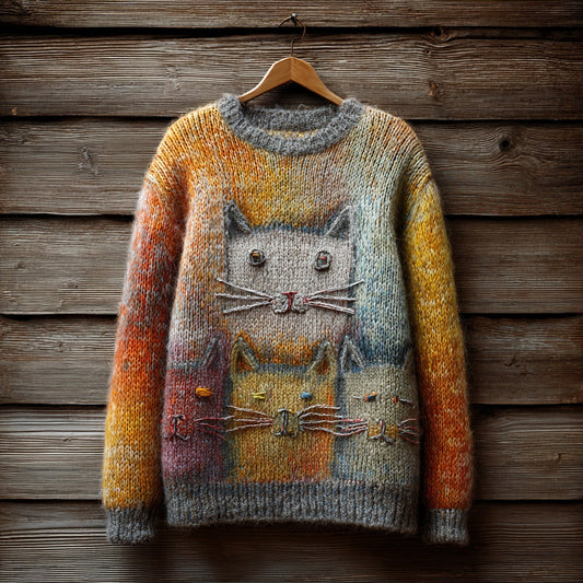 Comstylish Cute Colorful Cats Embroidered Vintage Cozy Sweater
