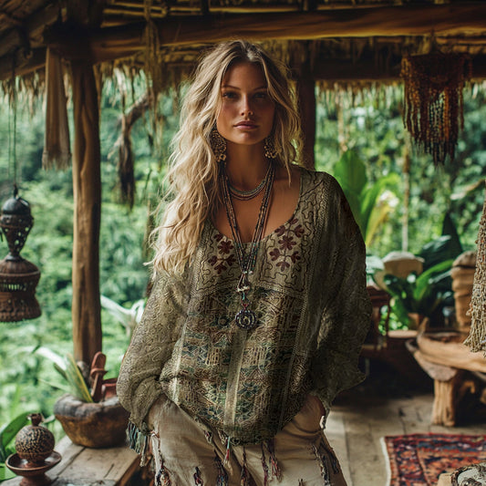 Retro Bohemian Resort Floral Art Print Cotton And Linen Blend Loose Blouse artswardrobe