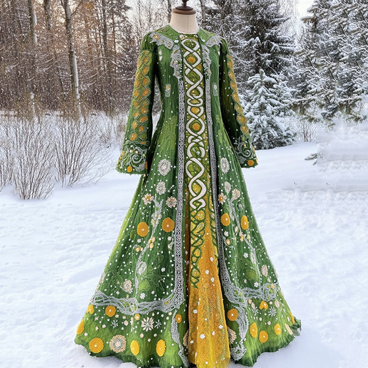 Vintage Celtic Floral Art Cotton Linen Crew Neck Mixi Dress artswardrobe