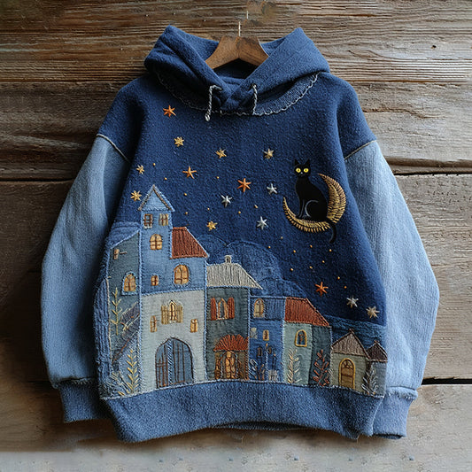 Vintage Fairytale Cottage With Lovely Cute Black Cat Inspired Embroidered Washed Hoodie elevenforest