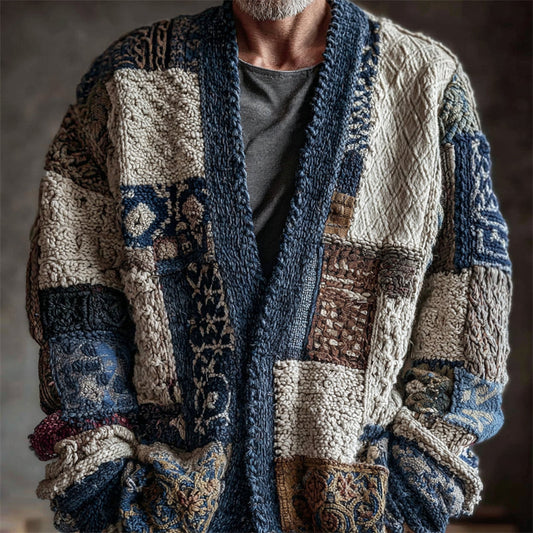 Men's Japanese Sashiko Colorblock Embroidered Cozy Knit Cardigan artswardrobe