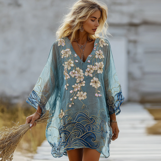 Comstylish Vintage Marble Texture And Cherry Blossoms Pattern Linen Dress