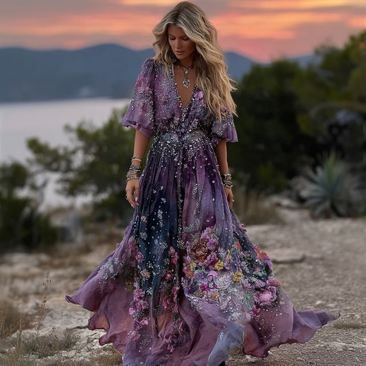 Retro Boho Rose Embroidered Sequined Maxi Dress artswardrobe