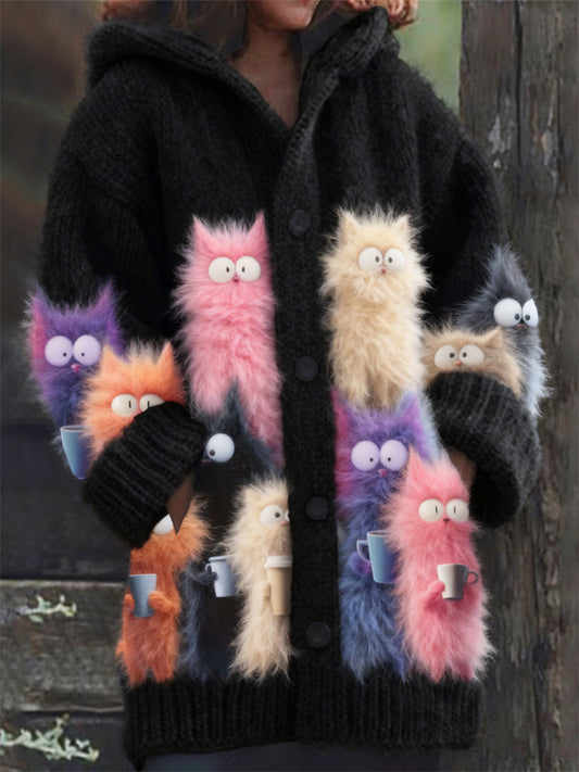 Comstylish Funny Colorful Cats With Coffee Cups Fuzzy Cozy Hooded Cardigan