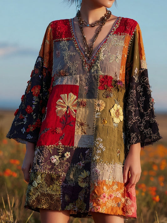 Vintage Boho Floral Embroidered Patchwork Linen Dress artswardrobe
