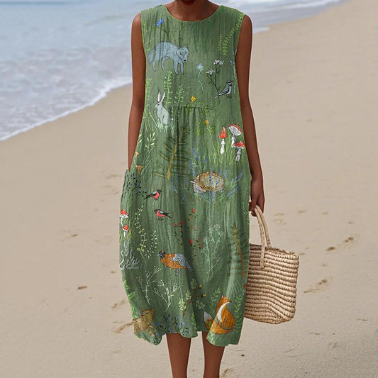 Women's Vintage Flowers Bee Art Print Linen Tank Dress artswardrobe