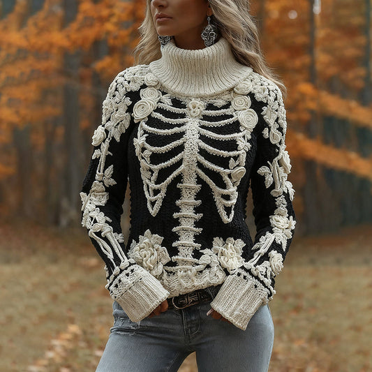 Women's Vintage Halloween Skeleton Bones With Roses Art Knitted Warm Turtleneck Sweater artswardrobe