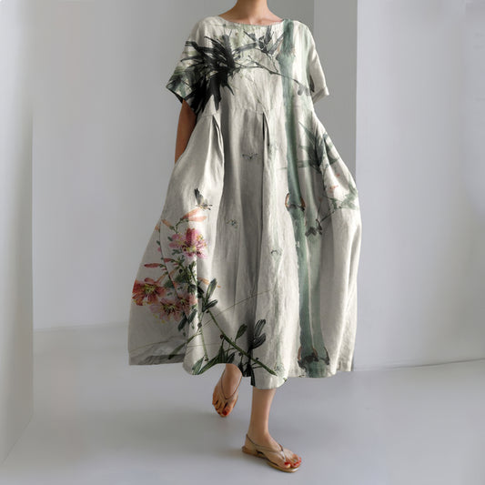 Comstylish Vintage Bamboo & Flowers Japanese Art Printed Casual Loose Dress