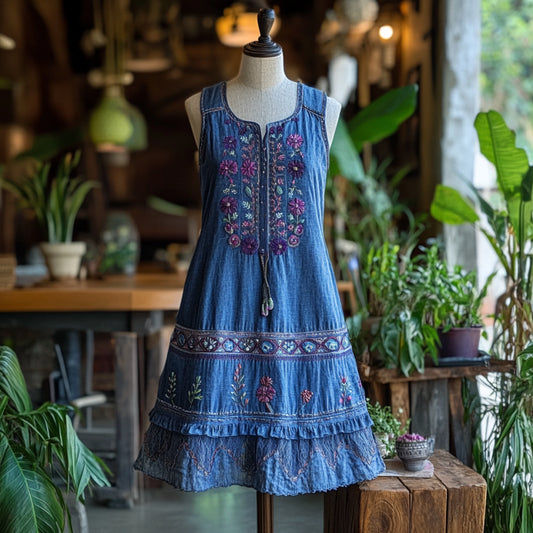 Vintage Bohemian Floral Embroidery Linen Mini Dress artswardrobe