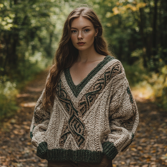 Vintage Irish Celtic Knot Jacquard V-neck Knit Sweater elevenforest