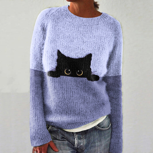 Comstylish Abstract Creative Peek-A-Boo Black Cat Painting Art Print Knitted Pullover Sweater