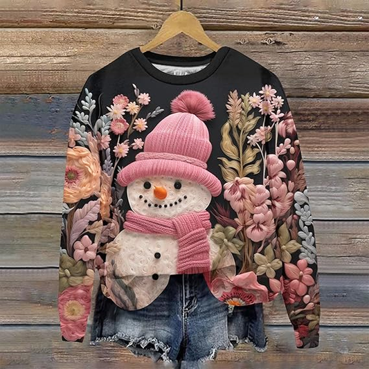 Comstylish Women's Christmas Snowman Art Print Crew Neck Embroidered Casual Sweatshirt