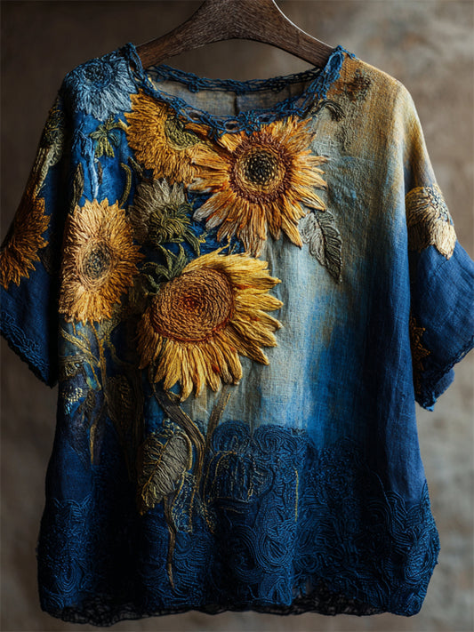 Oil Painting Inspired Sunflowers Embroidered Linen Tunic