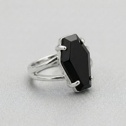 Black Coffin Stone Silver Split Band Gothic Ring