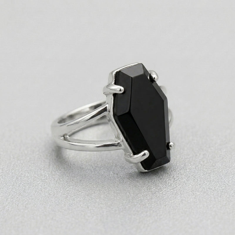 Black Coffin Stone Silver Split Band Gothic Ring
