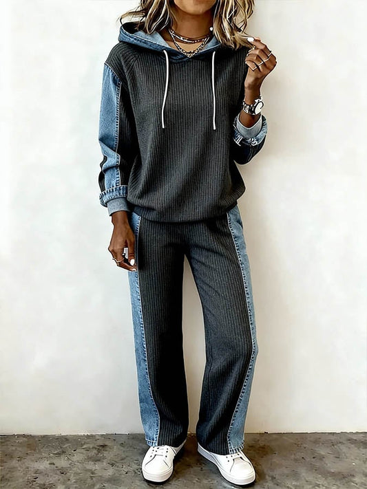 Women'S Casual Color-Blocked Hooded Two-Piece Set 