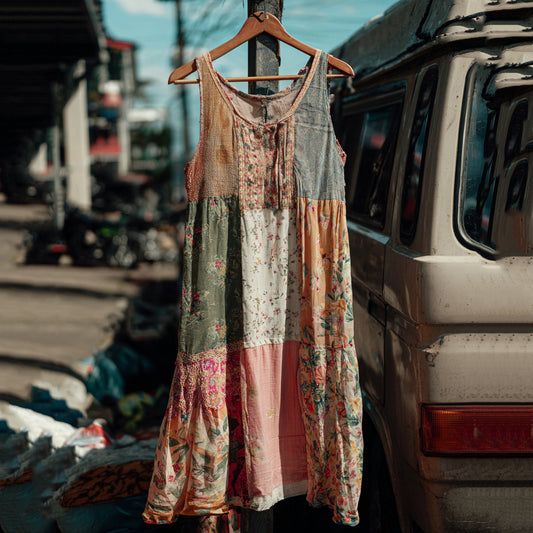Countryside Style Collection Classy Patchwork Floral Pattern Art Linen Tank Dress artswardrobe