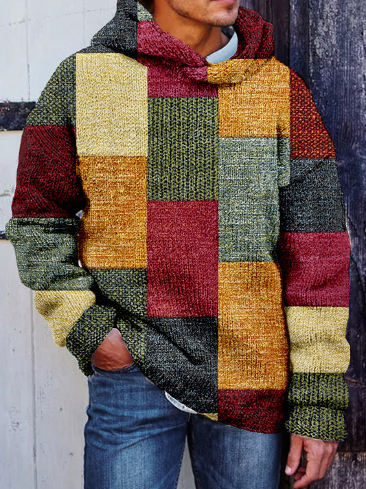 Men's Vintage Colorblock Patchwork Cozy Hooded Sweater artswardrobe