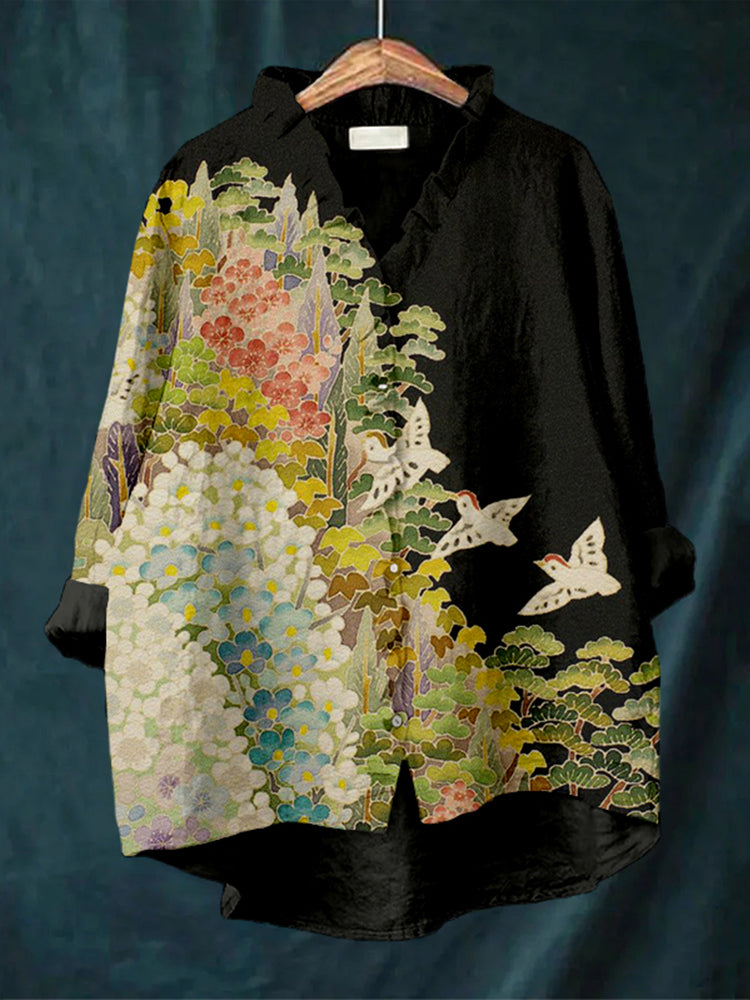 Comstylish Vintage Japanese Art Ruffle Trim Linen Blouse