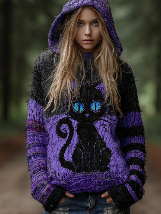 Women's Halloween Cat Embroidery Double-color Splicing Vintage Hooded Sweater elevenforest