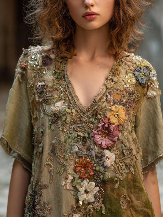 Bohemian Wizard Of Oz Flower Vintage V-neck Short-sleeve Top artswardrobe