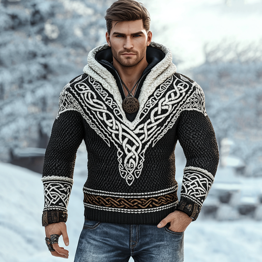 Men's Vintage Viking Inspired Celtic Jacquard Hooded Sweater elevenforest
