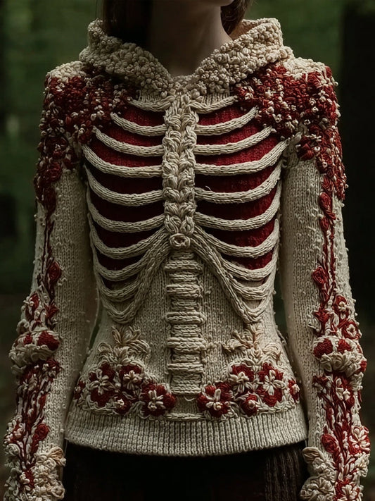 Halloween Skeleton Anatomy Art Cozy Knit Hooded Sweater artswardrobe
