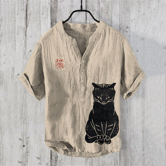 Black Cat Print V-Neck Short Sleeved Linen Blend Shirt elevenforest