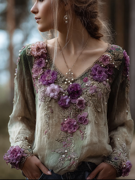 Comstylish Bohemian Style Round Neck Long Sleeve 3d Purple Flower Design Cotton And Linen Top For Women