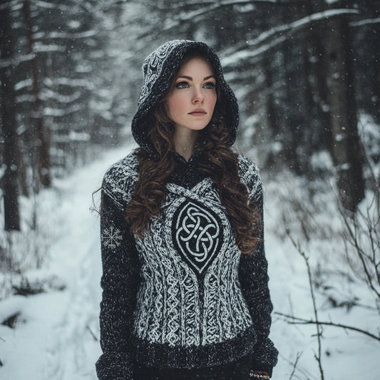 Women's Vintage Viking Totem Celtic Knot Pocket Hooded Sweater elevenforest
