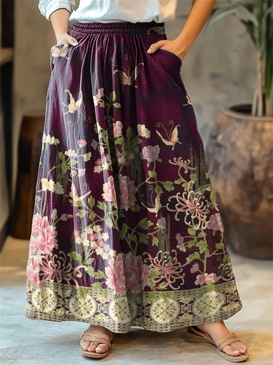 Women's Floral And Butterfly Art Print Cotton Skirt artswardrobe