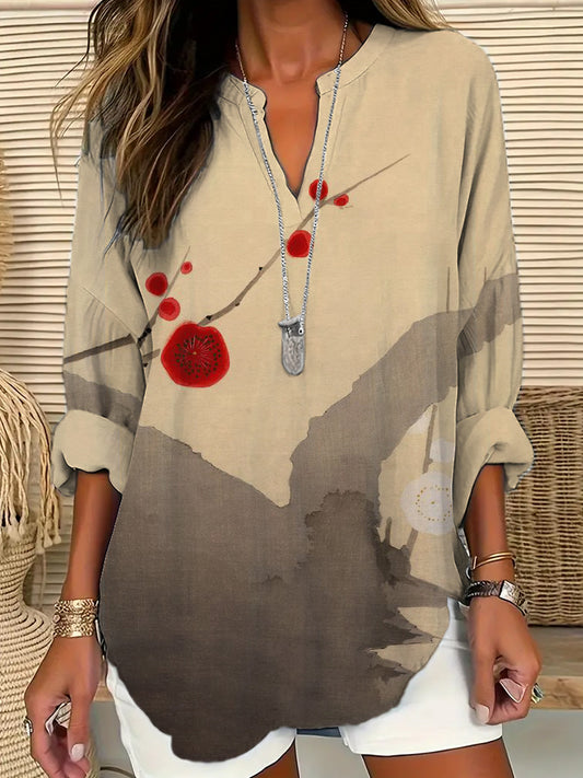 Comstylish Floral Japanese Print Linen Long Sleeve V-Neck Shirt