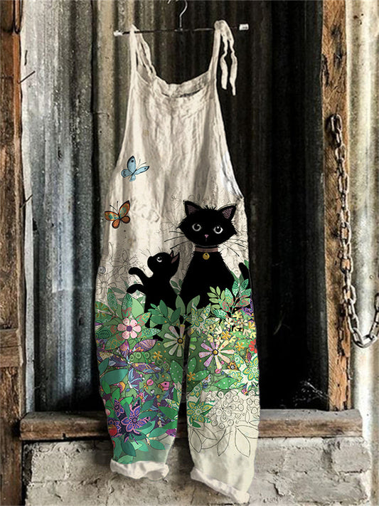 Black Cats in Nature Fiber Art Loose Fit Jumpsuit elevenforest