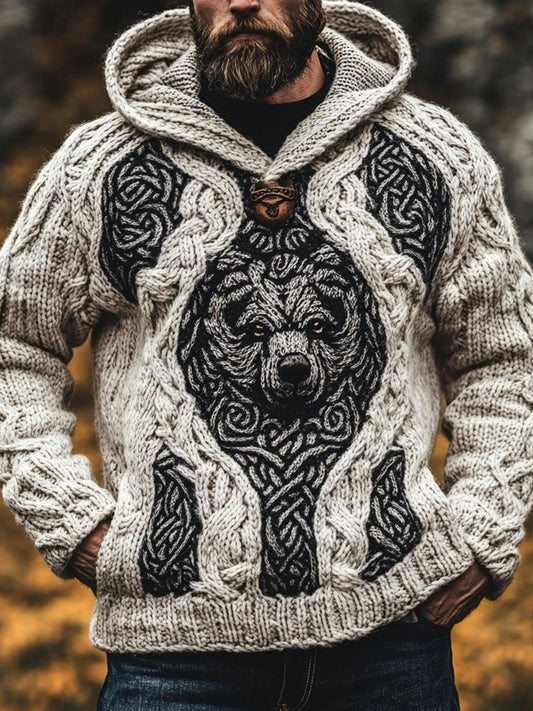 Men's Bear Inspired Viking Celtic Jacquard Chunky Hooded Sweater elevenforest
