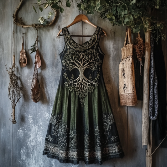 Vintage Tribal Celtic Knot Life Of Tree Lace Patchwork Art Linen Tank Dress artswardrobe