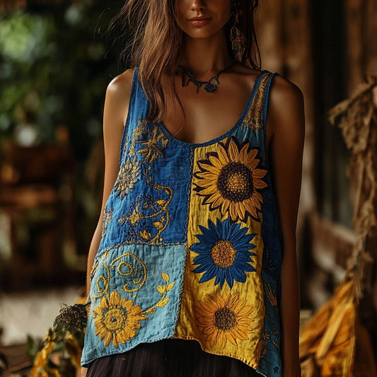 Boho Ethnic Sunflowers Patchwork Linen Sleeveless Tank Top artswardrobe