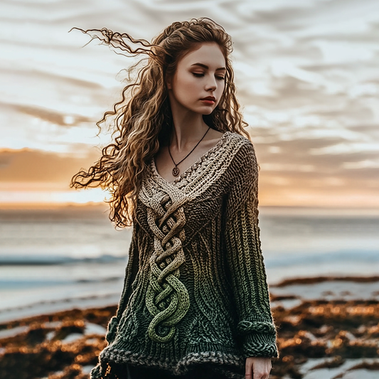 Women's Irish Green Pattern Jacquard Cozy V-neck Sweater elevenforest