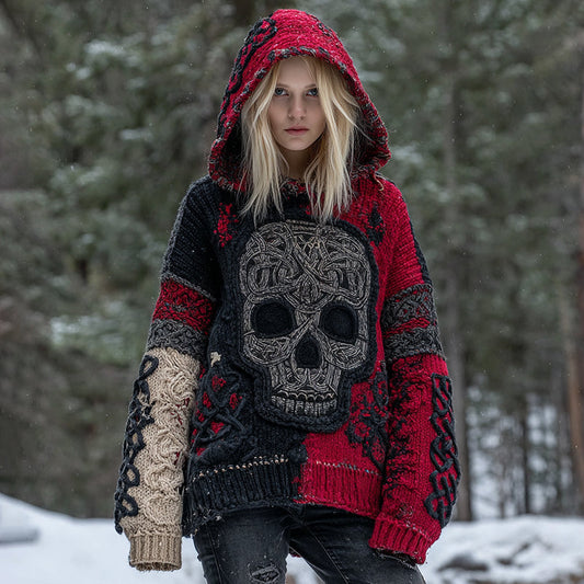 Women's Vintage Skull Patchwork Stitched Cozy Knit Hooded artswardrobe