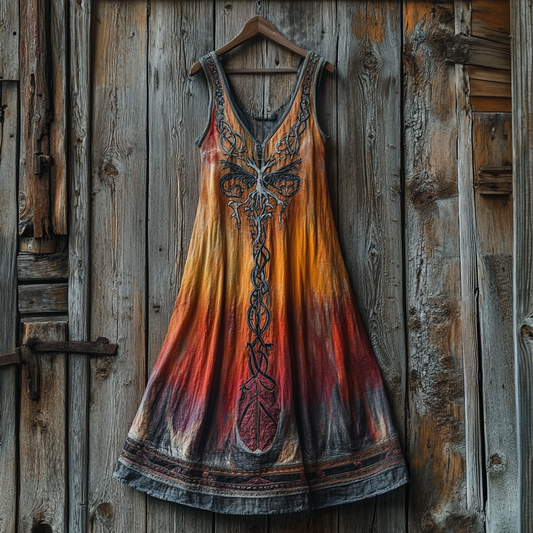 Women's Vintage Viking Rune Tie-dye Print Cotton And Linen Dress artswardrobe