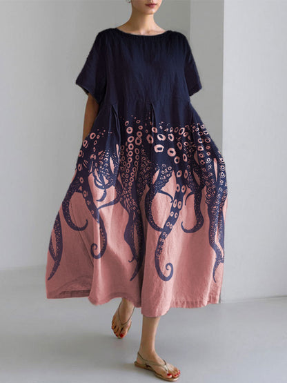 Comstylish Ocean Octopus Japanese Art Linen Blend Casual Dress