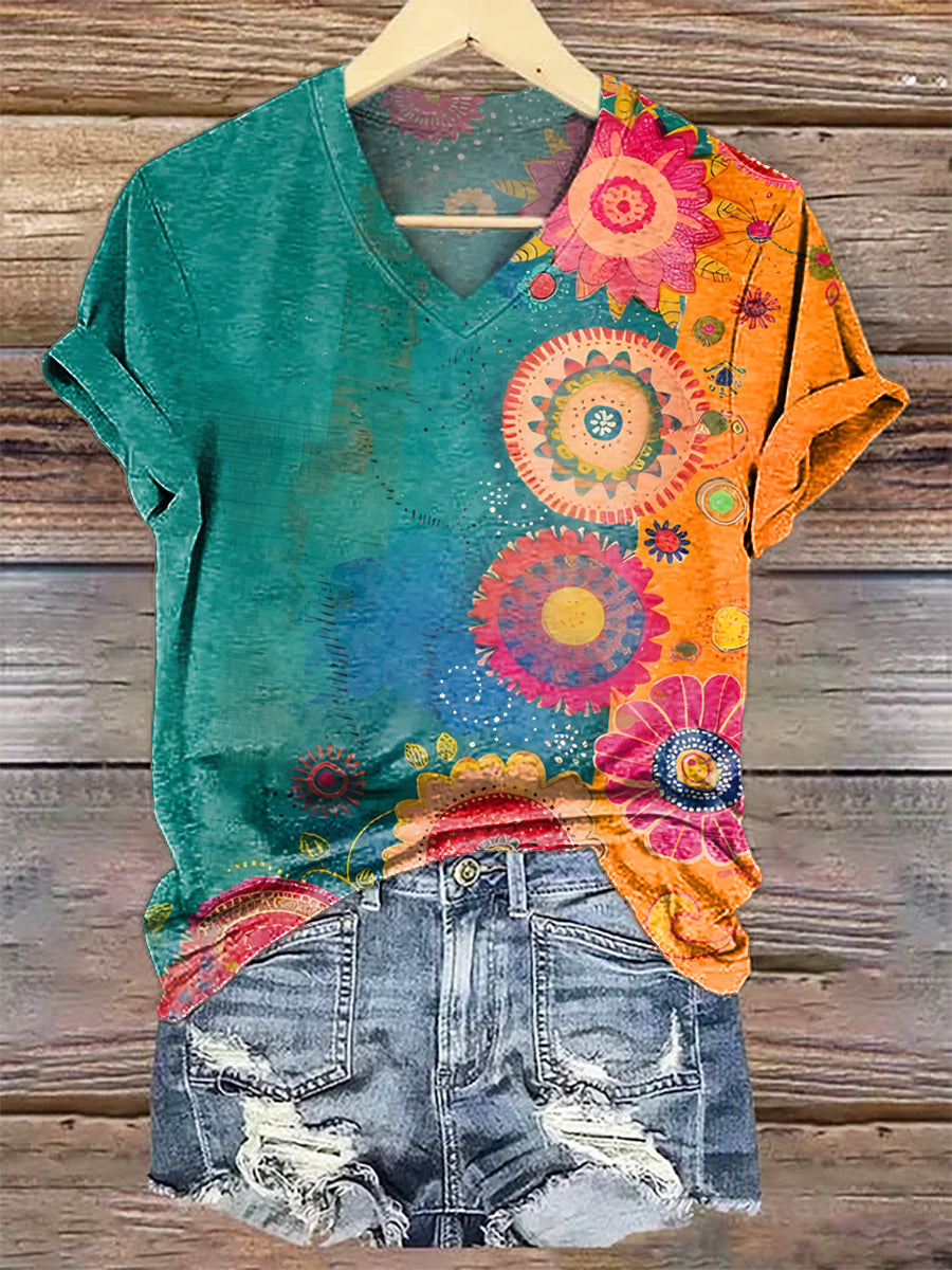 Women's Art Painting Hippie Print V-Neck T-Shirt