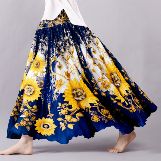 Vintage Sunflower With Gold Ethnic Embroidered Pattern Flowy Wide Skirt artswardrobe