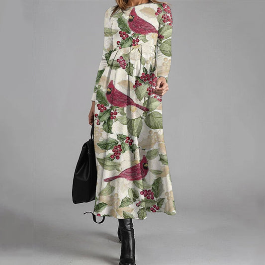 Elegant Floral Bird Print Long Sleeve Midi Dress elevenforest