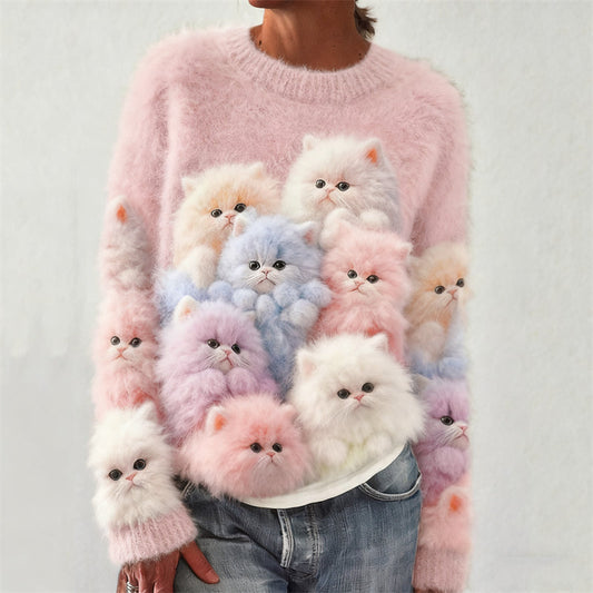 Lovely Fuzzy Colorful Cats Cozy Knit Sweater elevenforest