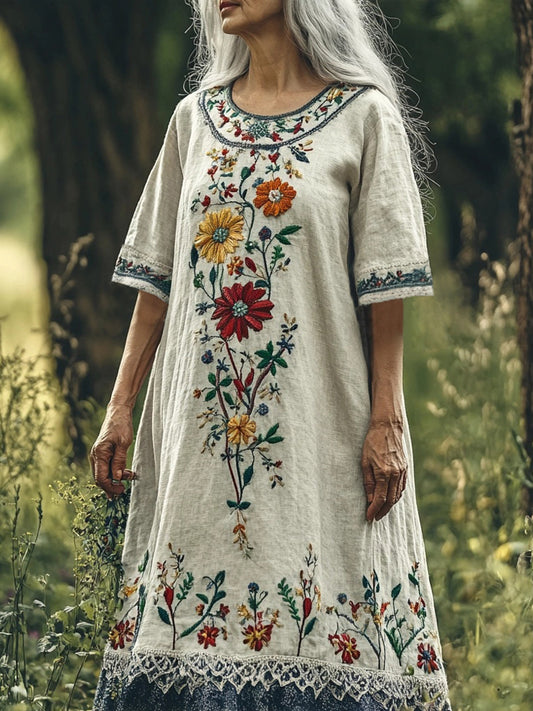 Vintage Floral Embroidery Women's Linen Short Sleeve Maxi Dress artswardrobe