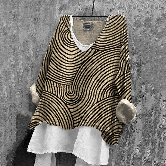Comstylish Vintage Stripe Pattern Women's Linen V-neck Shirt