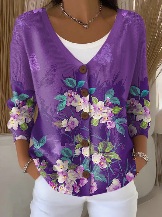 Women's Casual Purple Floral Art Print Cardigan elevenforest