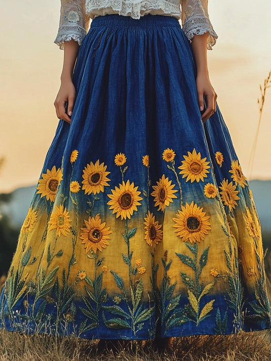 Ethnic Sunflower Embroidered Gradient Linen Maxi Dress artswardrobe