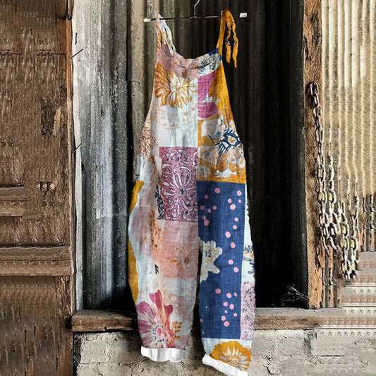 Women's Retro Geometric Floral Art Cotton And Linen Jumpsuit artswardrobe