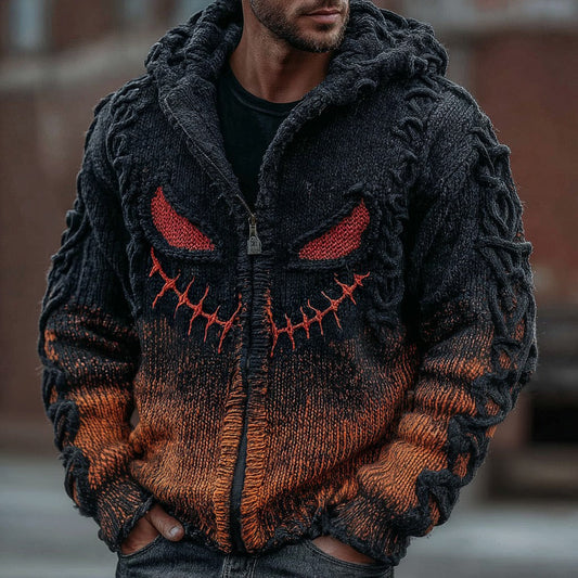 Men's Halloween Spooky Face Gradient Inspired Knitted Distressed Hooded Sweater artswardrobe